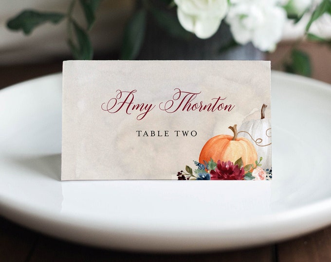 Pumpkin Place Card Template, Printable Rustic Fall Wedding Buffet Card, Thanksgiving Name Card, Editable Text, INSTANT DOWNLOAD #072A-145PC