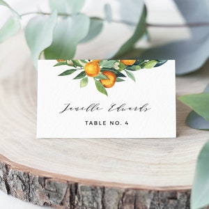 Orange Place Card Template, Printable Citrus Lemon Greenery Wedding Buffet / Seating Card, Name Card, INSTANT DOWNLOAD, Editable #084-138PC