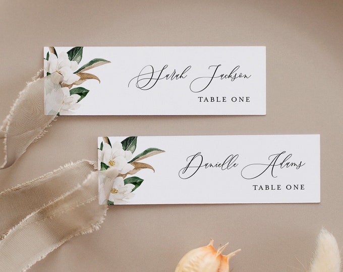 Magnolia Place Card Template, 100% Editable, Printable Skinny Seating Card, Name Card, Favor Tag, Slim, Southern Wedding, Templett 015-197PC