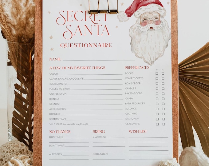 Secret Santa Questionnaire, Gift Exchange Form, Retro, Company Holiday Party, Coworker Gift Swap, Editable Template, 8.5x11 #109SSQ