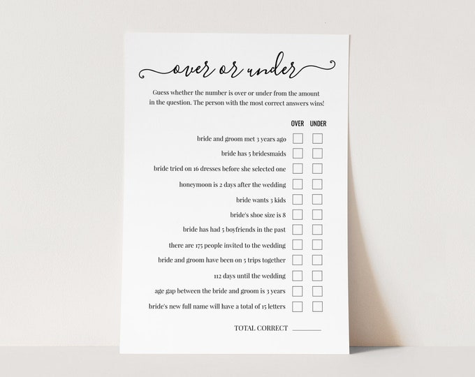 Over or Under Bridal Shower Game | Printable Wedding Shower Game | Bachelorette Game | Editable | Instant Download | Digital #030-105BG