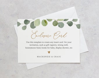 Greenery Enclosure Card Template, Printable Insert Card, Editable for Wishing Well, Book Request, Event Details, INSTANT DOWNLOAD #056-133EC