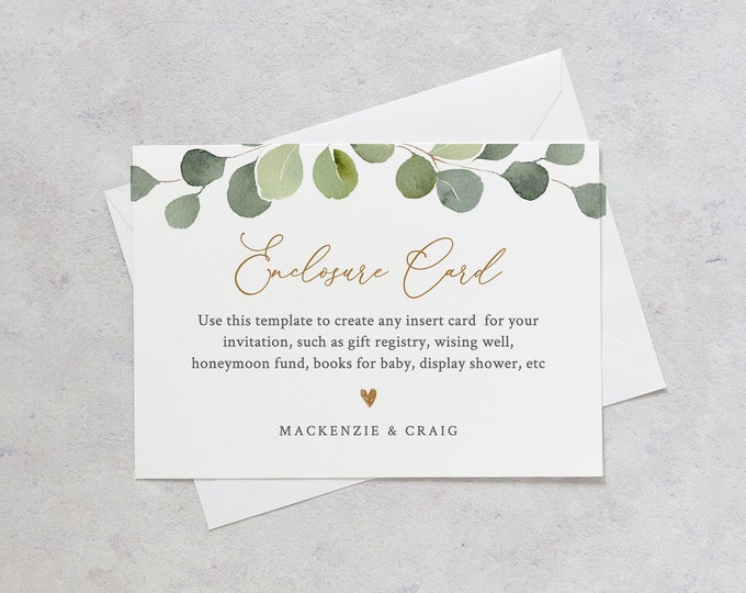 Greenery Enclosure Card Template, Printable Insert Card, Editable for Wishing Well, Book Request, Event Details, INSTANT DOWNLOAD #056-133EC