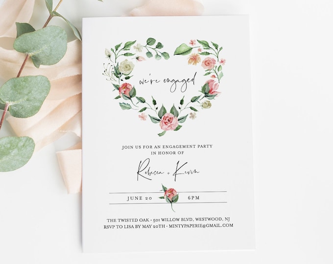 Engagement Party Invitation Template, Heart Wreath, 100% Editable Text, INSTANT DOWNLOAD, Printable Engaged Announcement, Templett 058-126EP