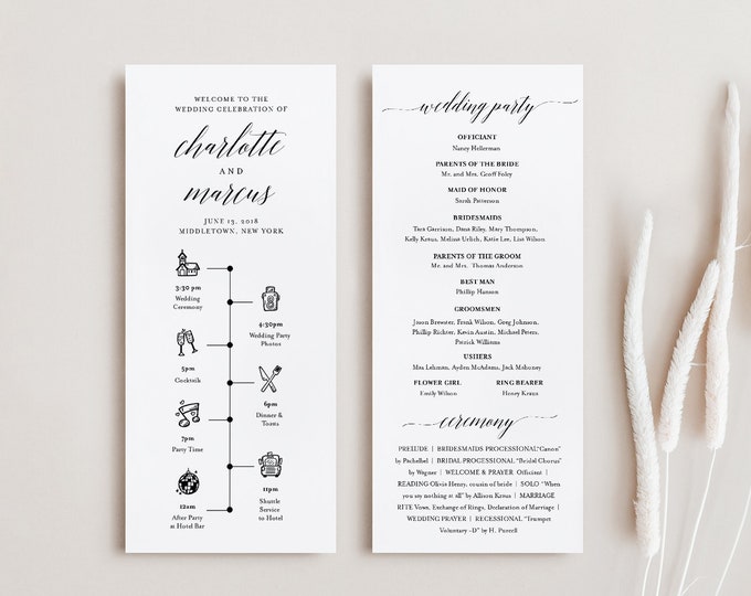 Wedding Timeline Program Template, Minimalist Order of Events, Ceremony Program, 100% Editable, Instant Download, Templett #034-204WP