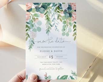 Lush Garden Save the Date Template, 100% Editable Text, Greenery & Blush Floral Wedding Date, Templett, Instant Download #068A-182SD