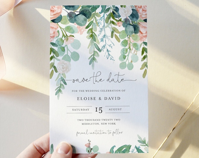 Lush Garden Save the Date Template, 100% Editable Text, Greenery & Blush Floral Wedding Date, Templett, Instant Download #068A-182SD