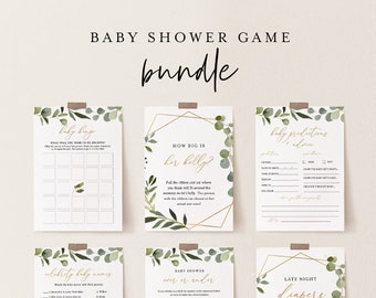 Baby Shower Game Bundle, 13 Editable Games, INSTANT DOWNLOAD, Personalize Questions, Greenery & Gold, Editable Template, Templett #056BBGB