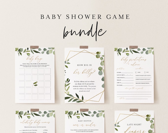 Baby Shower Game Bundle, 13 Editable Games, INSTANT DOWNLOAD, Personalize Questions, Greenery & Gold, Editable Template, Templett #056BBGB