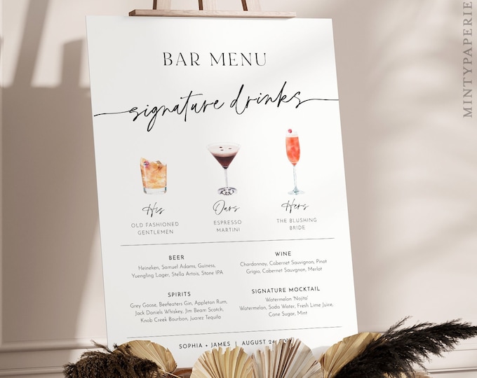 Signature Drinks Bar Sign, 200+ Cocktails, Wine, Beer, His and Her Drink, Editable Minimalist Bar Menu, Alcohol, Instant, Templett #0032-10S