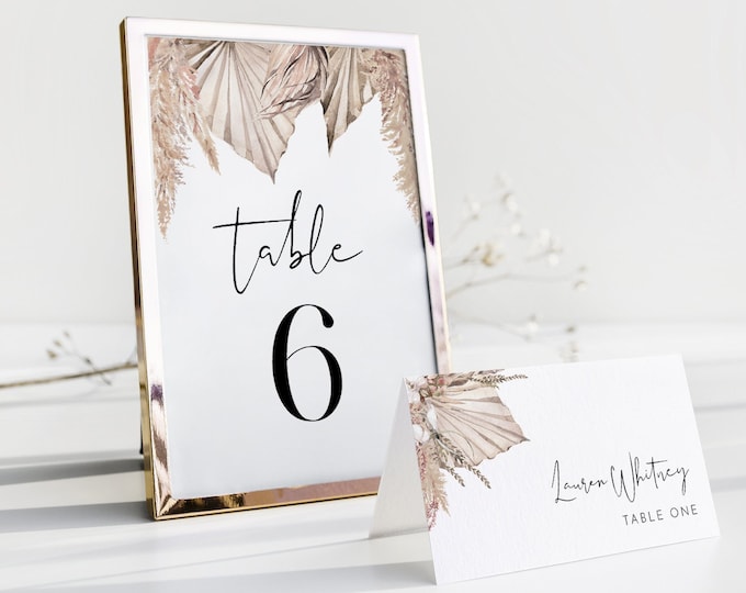 Bohemian Table Number Card Template, Boho Pampas Palm Wedding Table Number, Dried Foliage, Editable, Instant, Templett, DIY 4x6 #0022-209TC