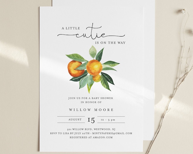 Cutie Baby Shower Invitation, Printable Citrus Orange Baby Shower Invite, Little Cutie, Editable Template, Instant Download #084-184BA