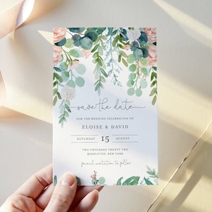 Lush Garden Save the Date Template, 100% Editable Text, Greenery & Blush Floral Wedding Date, Templett, Instant Download 068A-182SD image 1