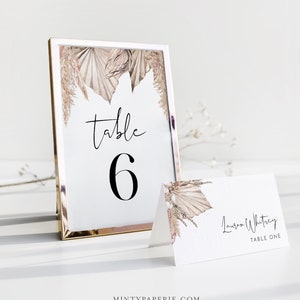 Bohemian Table Number Card Template, Boho Pampas Palm Wedding Table Number, Dried Foliage, Editable, Instant, Templett, DIY 4x6 0022-209TC image 1