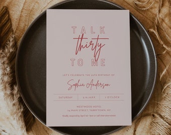 30th Birthday Invite, Talk Thirty To Me, Modern Cheeky Birthday Party, 100% Editable, Instant, Digital, E-vite, Templett #055-109BD