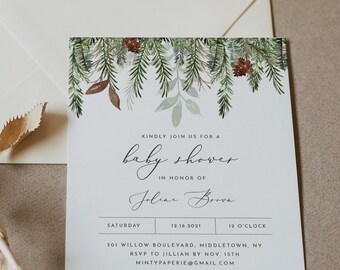 Peut inclure: Une invitation à une baby shower avec un motif aquarelle de branches de pins vertes et de pommes de pin. L'invitation comprend le texte "Kindly join us for a baby shower in honor of Jolene Brown". Une enveloppe et des éléments décoratifs sont également présents.