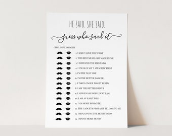 He Said She Said Game | Printable Bridal Shower Game | Guess Who Said It Game | 100% Editable Template | Instant Download | DIY #030-103BG