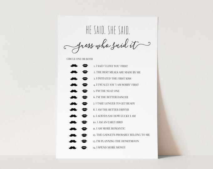 He Said She Said Game | Printable Bridal Shower Game | Guess Who Said It Game | 100% Editable Template | Instant Download | DIY #030-103BG