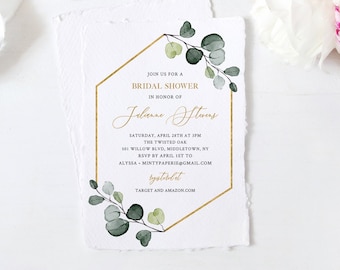 Bridal Shower Invitation Template, Greenery and Gold, 100% Editable Text, Printable Eucalyptus Bridal Shower, Instant Download #007-220BS