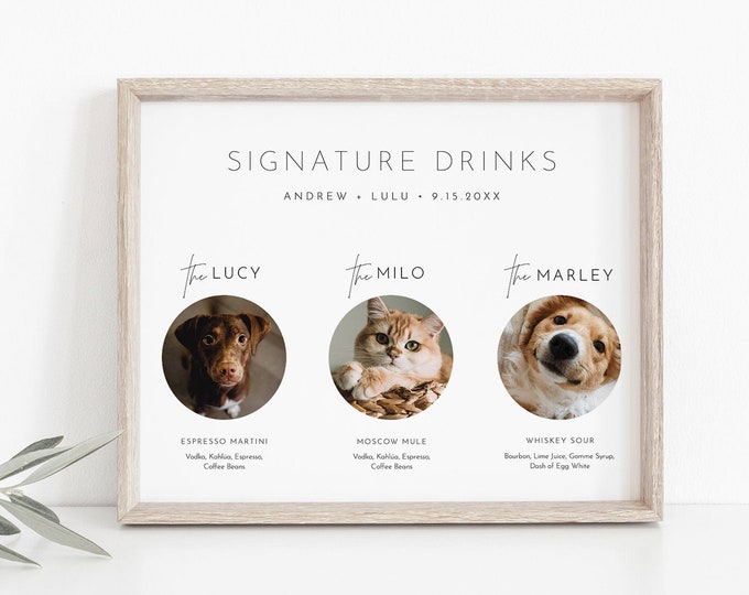 Pet Signature Drink Sign, Dog Signature Cocktail, 3 Photos, Wedding Drink Menu Poster, Editable Template, Instant Download, Templett 094-28S