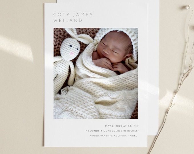 Modern Birth Announcement, Photo Baby Announcement Card, Newborn, 100% Editable Template, Printable, Instant Download, Templett #104BAC