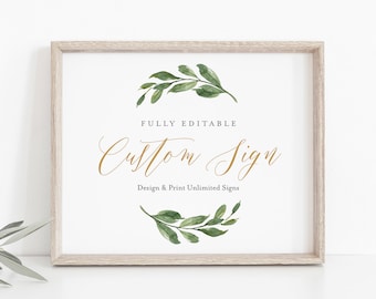 Editable Sign Template, Design & Create Unlimited Times, Custom Wedding Sign, Greenery and Gold, INSTANT DOWNLOAD, Templett #067-141CS