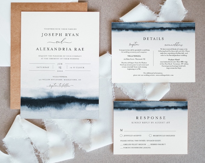 Watercolor Wedding Invitation Set, Lake, Beach, Destination Theme, Modern, Minimalist, Editable Template, Instant Download, Templett #093A