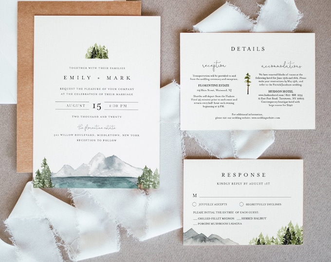 Lake Wedding Invitation Set, Lakeside, Mountain, Woodland Pine, Rustic Wedding, Editable Template, Instant Download, Templett #017A