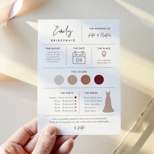 Bridesmaid Info Card Template, Bridal Party Info Card, Bridesmaid Information Card, Modern Minimalist Bridesmaid Infographic #0009-102BIC