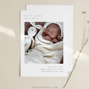 Modern Birth Announcement, Photo Baby Announcement Card, Newborn, 100% Editable Template, Printable, Instant Download, Templett #104BAC