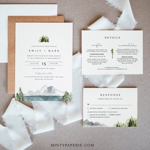 Lake Wedding Invitation Set, Lakeside, Mountain, Woodland Pine, Rustic Wedding, Editable Template, Instant Download, Templett 017A image 1