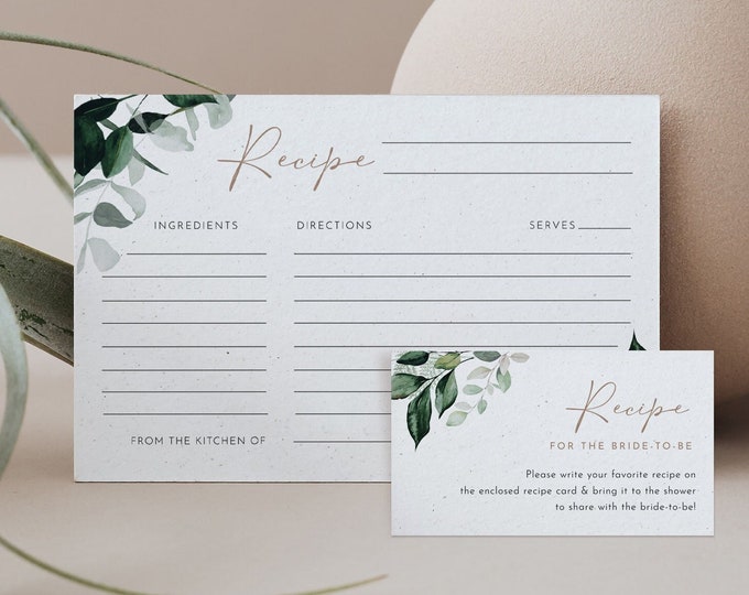 Greenery Recipe Card Template, Instant Download, 100% Editable Text, Printable Garden Bridal Shower Recipe Insert, Templett #033-143RC