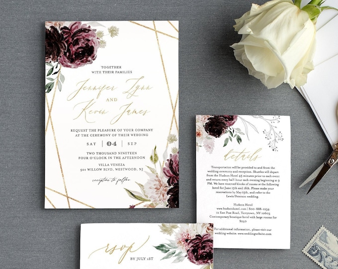 Purple Floral Wedding Invitation Set, Editable Template, Romantic Moody Florals, Gold Geometric Invite, RSVP & Detail, INSTANT DOWNLOAD 074B