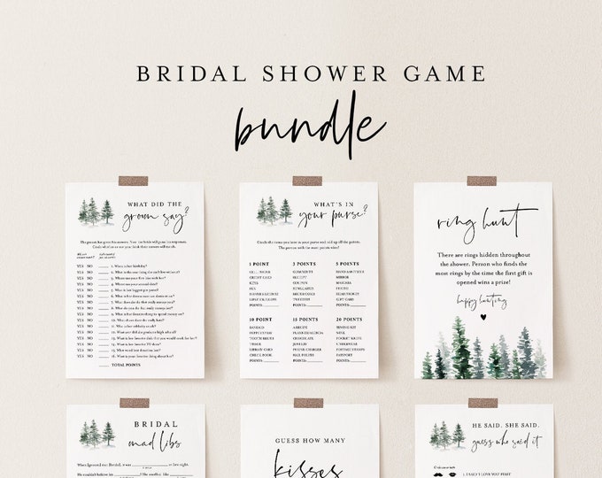 Bridal Shower Game Bundle, 12 Editable Templates, INSTANT DOWNLOAD, Customize Name & Questions, Winter Pine Bridal Games, Templett #073BGB