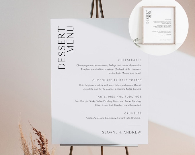 Minimalist Dessert Menu Sign, Sweets Menu, Printable Wedding Dessert Bar Station, Editable Template, Instant Download, Templett #0026B-107DM