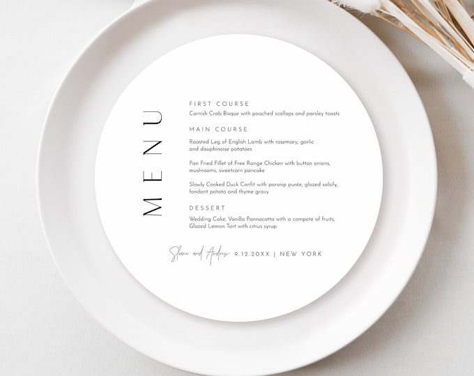 Round Minimalist Menu Template, Printable Modern & Simple Wedding Dinner Menu Square Card, 100% Editable, Instant, Templett #0026-218WM