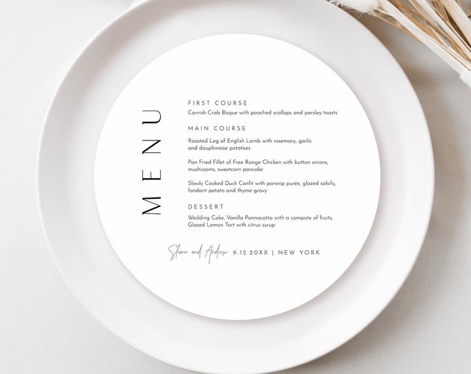 Round Minimalist Menu Template, Printable Modern & Simple Wedding Dinner Menu Square Card, 100% Editable, Instant, Templett #0026-218WM