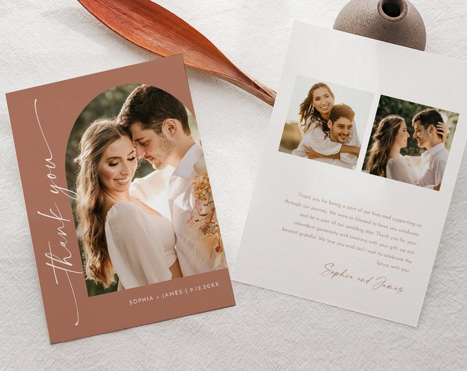 Bohemian Thank You Card, Arch Wedding Photo, Editable Template, Terracotta Wedding Thank You, Flat Card, Instant, Templett #0034T-207TYC