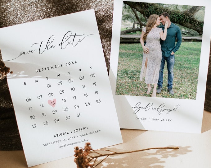 Save the Date Card Template, Calendar, Photo Card,  Printable Wedding Date Card, Instant Download, 100% Editable, Templett, 5x7 #024-116SD