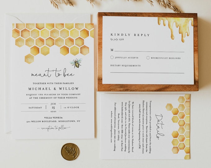 Honeycomb Wedding Invitation Set, Meant to Bee, Invite, Details, RSVP, Editable Template, Printable, Instant Download, Templett #097A