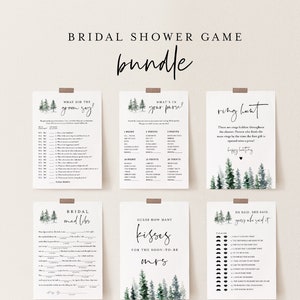 Bridal Shower Game Bundle, 12 Editable Templates, INSTANT DOWNLOAD, Customize Name & Questions, Winter Pine Bridal Games, Templett 073BGB image 1