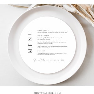 Ronde minimalistische menusjabloon, afdrukbare moderne & eenvoudige bruiloft diner menu vierkante kaart, 100% bewerkbaar, Instant, Templett #0026-218WM