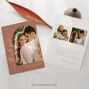 Tarjeta de agradecimiento Boho, foto de boda de arco, plantilla editable, agradecimiento de boda de terracota, tarjeta plana, instantánea, Templett #0034T-207TYC