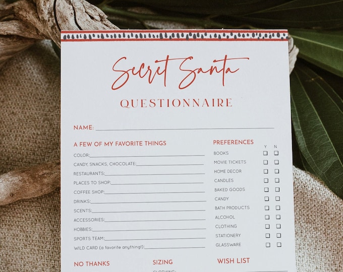 Secret Santa Questionnaire, Modern Christmas Gift Exchange Form, Company Holiday Party, Coworker Gift Swap, Editable Template 8.5x11 #104SSQ