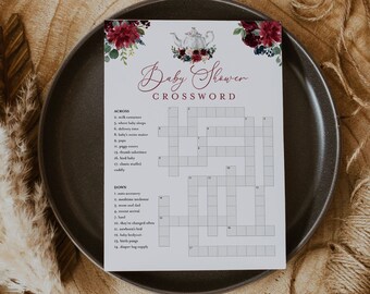 Krzyżówka dla niemowląt, gra na baby shower z herbatką, gra krzyżówkowa do druku z kluczem odpowiedzi, natychmiastowe pobranie, Templett, 5x7 #085B-401BASG