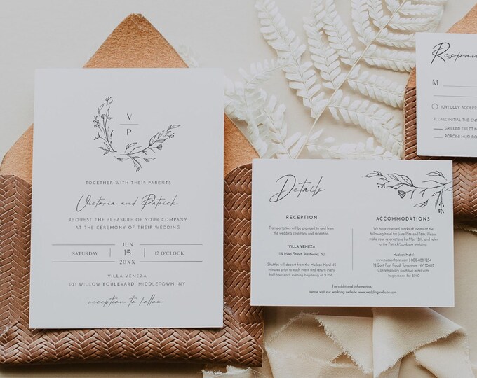 Botanical Wedding Invitation Set, Minimalist Monogram Wreath, Line Art, Editable Template, Printable, Instant Download, Templett #046A