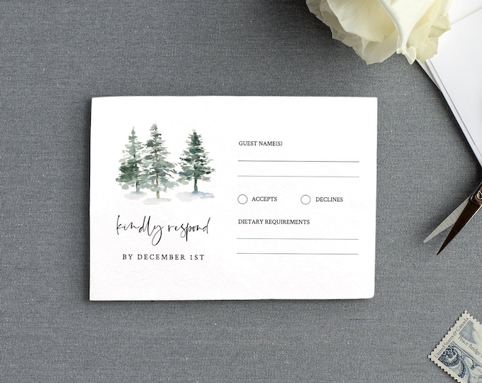 Pine Tree RSVP Card Template, INSTANT DOWNLOAD, 100% Editable Text, Printable Rustic Wedding Response Postcard, DiY, Self-Editing #073-rsvp