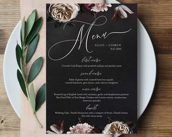 Wedding Menu Template, Dark Moody Floral Menu, Purple & Cream Dinner Menu, Bar Menu, 100% Editable Text, INSTANT DOWNLOAD, 2 Sizes 009-135WM