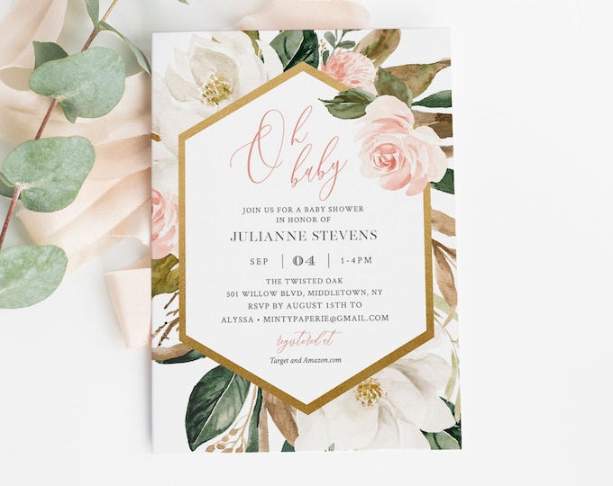 Baby Shower Invitation Template, Magnolia Floral & Gold, Printable Baby Shower Invite, Editable Text, Instant Download, Templett #015-122BA