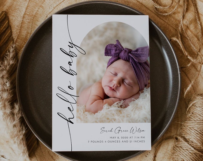 Photo Birth Announcement, Baby Announcement Card, Newborn, Modern, Editable Template, Printable, Instant Download, Templett #0034W-113BAC